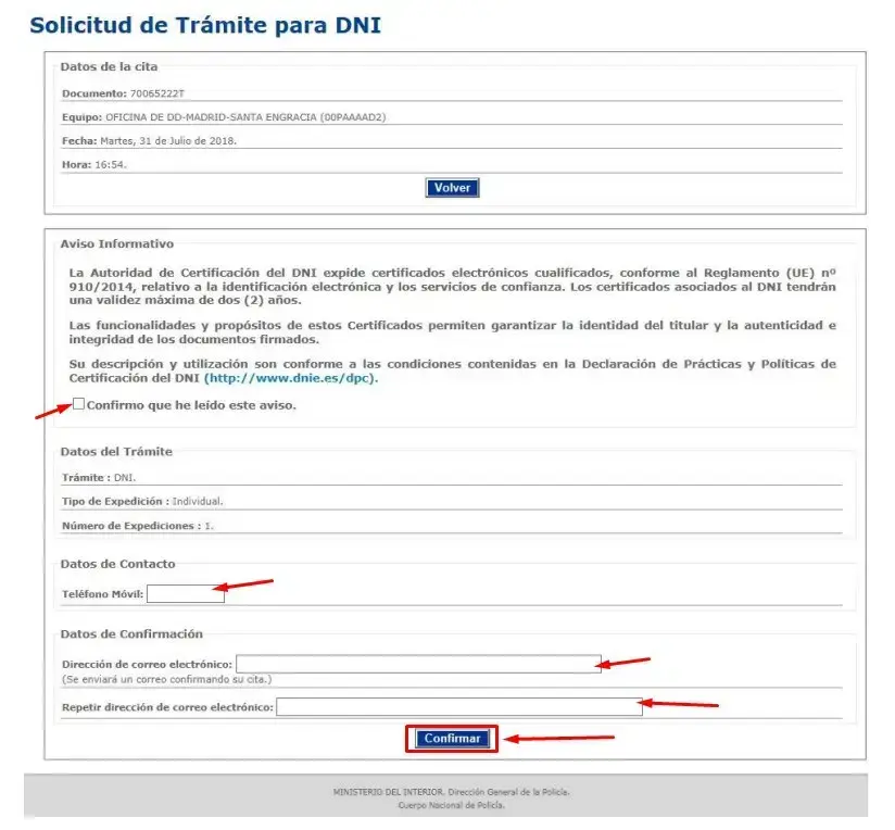 Cita DNI Confirmar la cita Cita DNI Confirmar la cita
